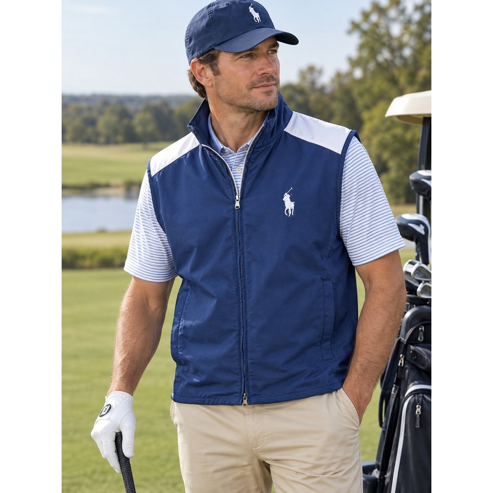 Polo Golf Ralph Lauren Men's Large Vest Blue White Full Zip Y2K Golf Windbreaker